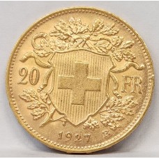 SWITZERLAND 1927 B . TWENTY 20 FRANCS . GOLD COIN